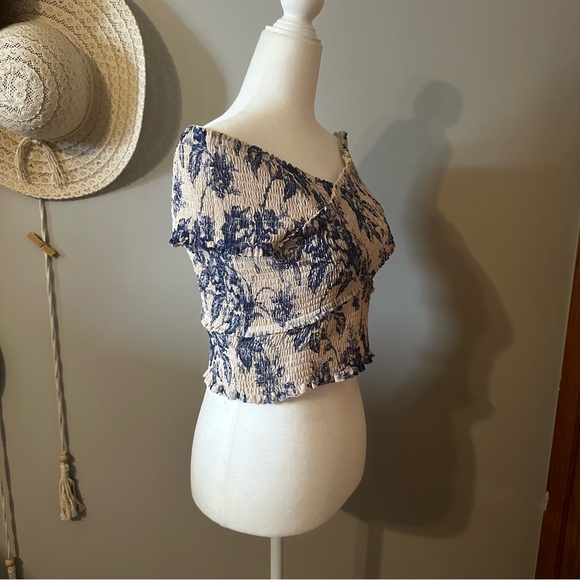 Express Blue Ivory Floral Smocked Off The Shoulder Wrap Cropped Top - Picture 2 of 12